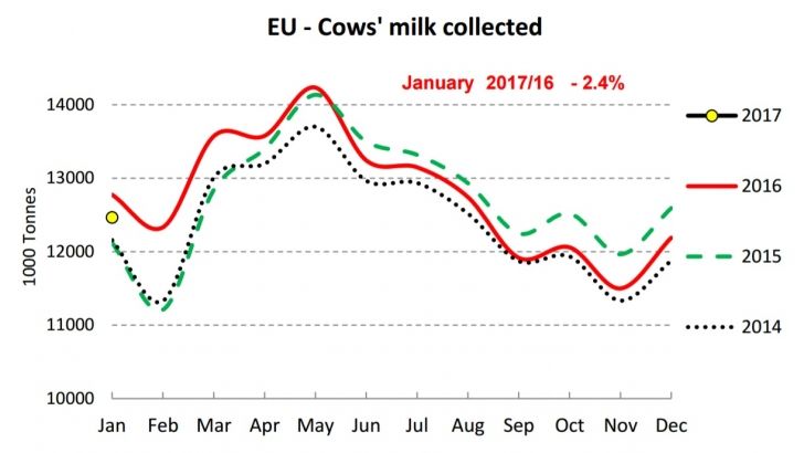La producción de leche en la UE cae un 2,4% en enero frente a 2016.