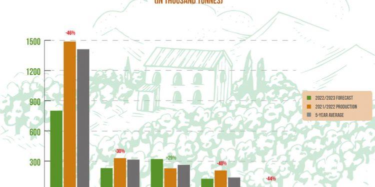 Vaticinan una caída de la producción de aceite en Europa de más del 35% en 2022/23￼