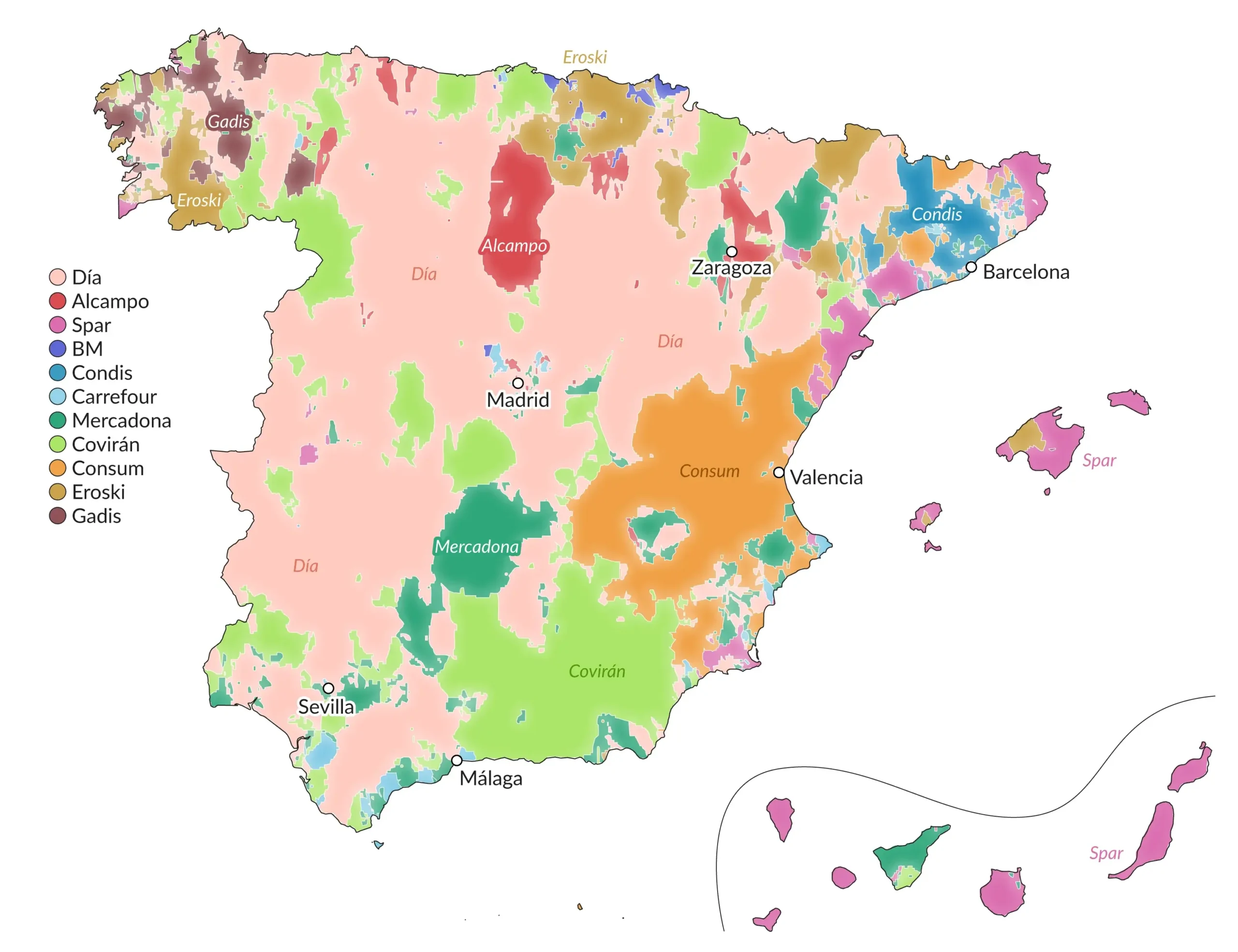 El mapa de los supermercados en España: así es la lucha por el territorio de las grandes cadenas